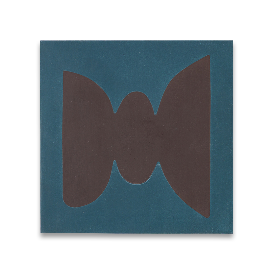 Square blue cement tile featuring bold abstract brown geometric shapes with a matte finish, ideal for artistic flooring, wall cladding, and modern contemporary interior design applications.