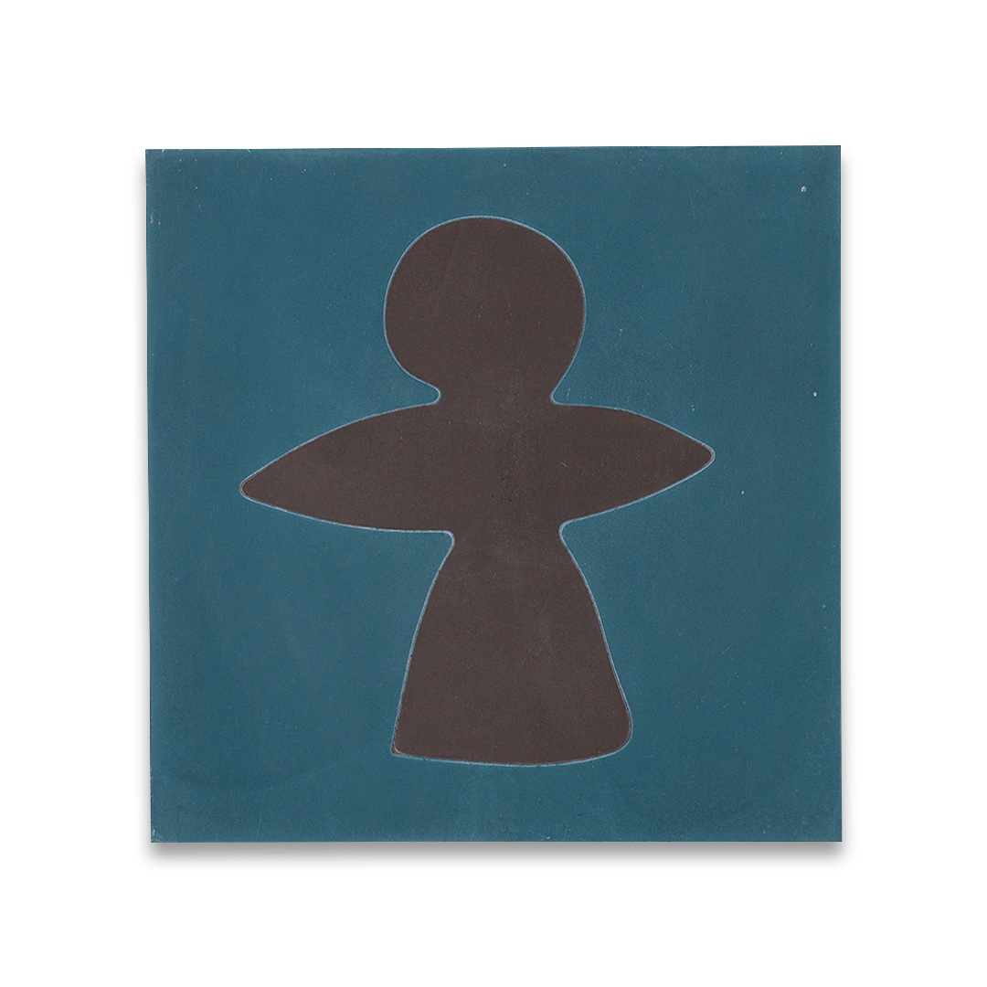 Square blue cement tile featuring bold abstract brown geometric shapes with a matte finish, ideal for artistic flooring, wall cladding, and modern contemporary interior design applications.