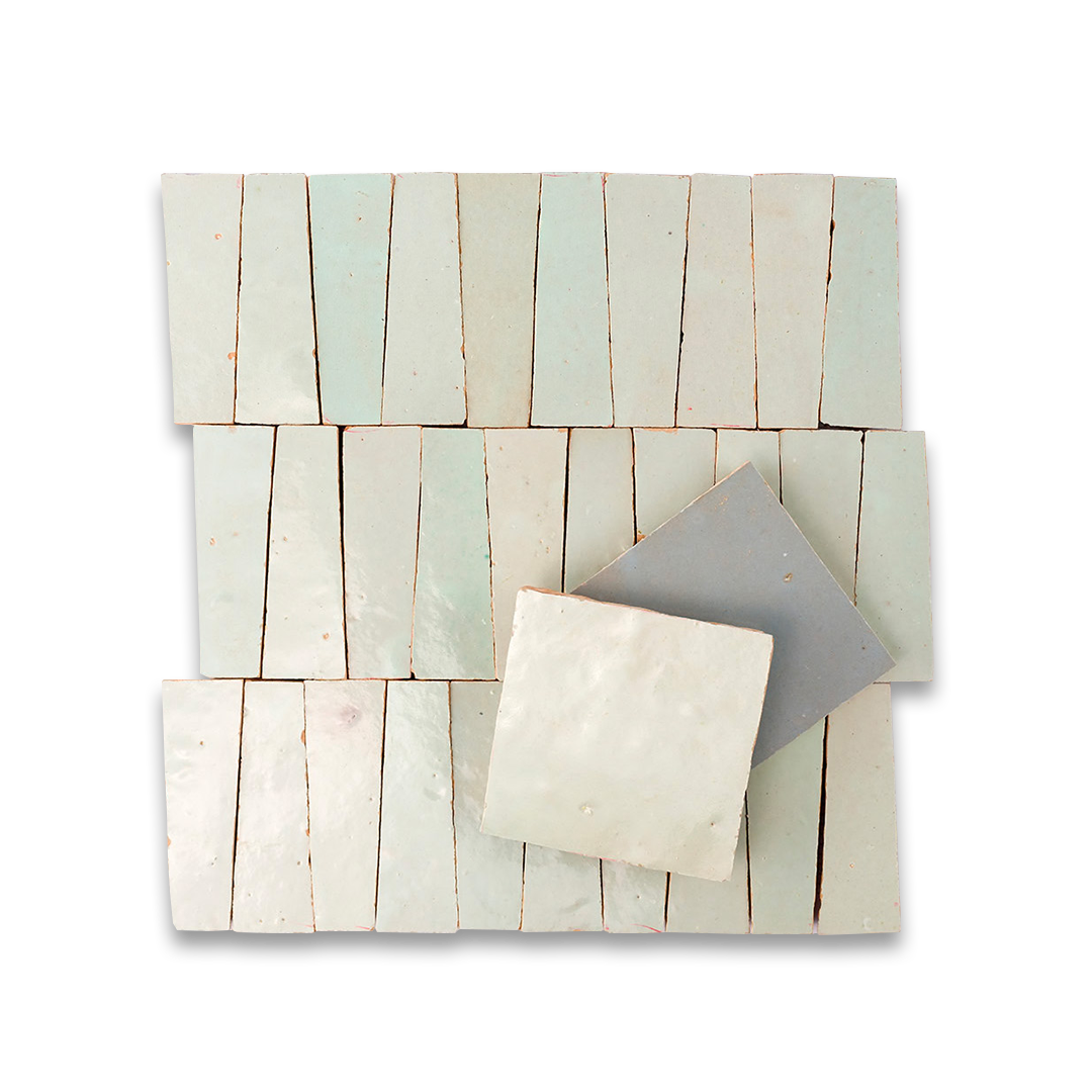 Set of ceramic tiles with a geometric pattern on a white background