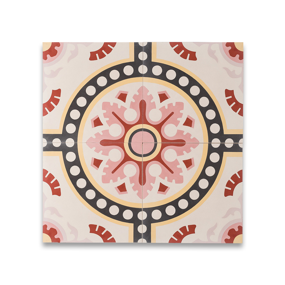 Decorative tile with a central red design on a beige background