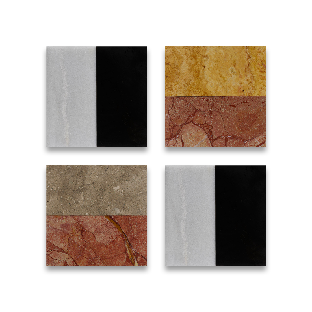 Four square tiles with different textured patterns.