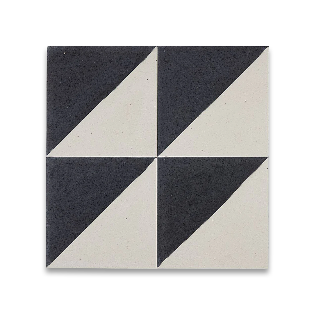 Square ceramic tile diagonally split into smooth off-white and speckled charcoal black halves, minimalist geometric design.