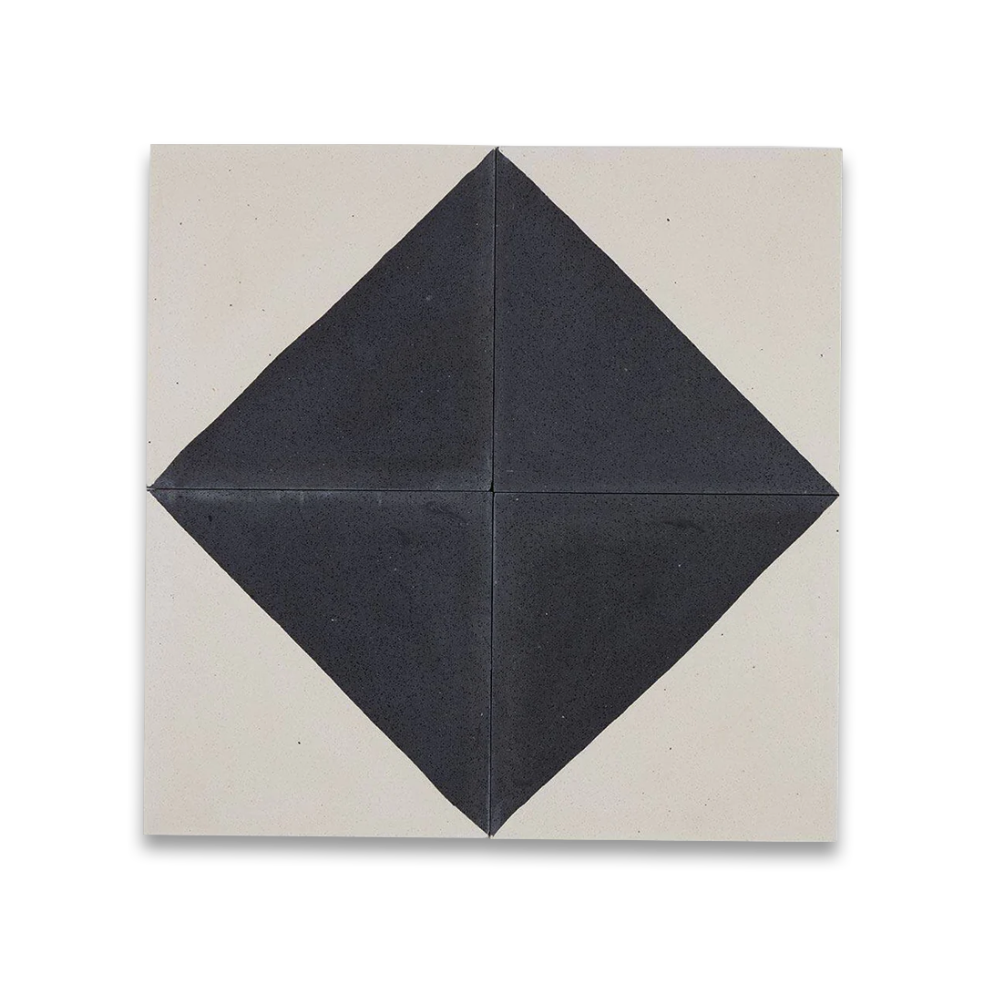 Square ceramic tile diagonally split into smooth off-white and speckled charcoal black halves, minimalist geometric design.