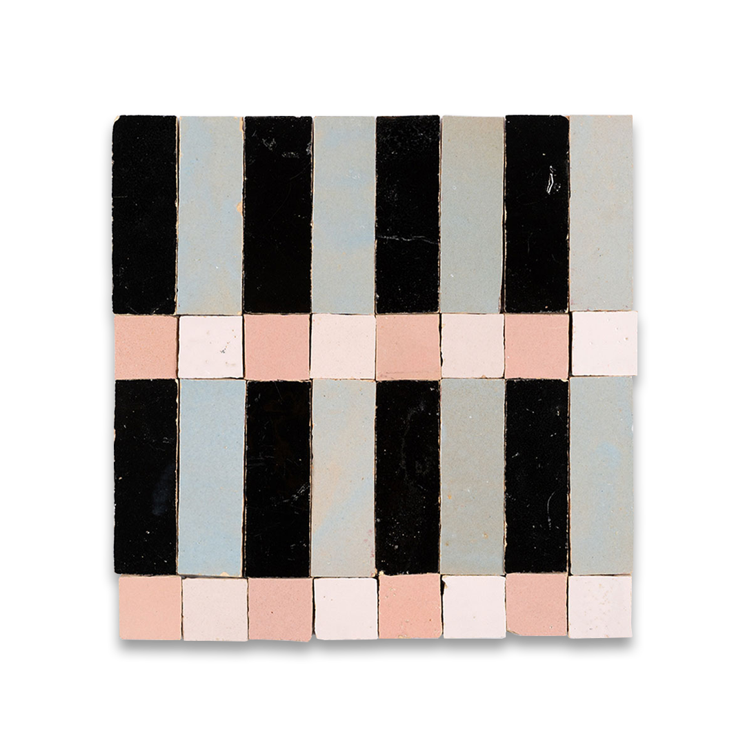 Rectangular tile with a geometric pattern of black, gray, and pink stripes on a white background