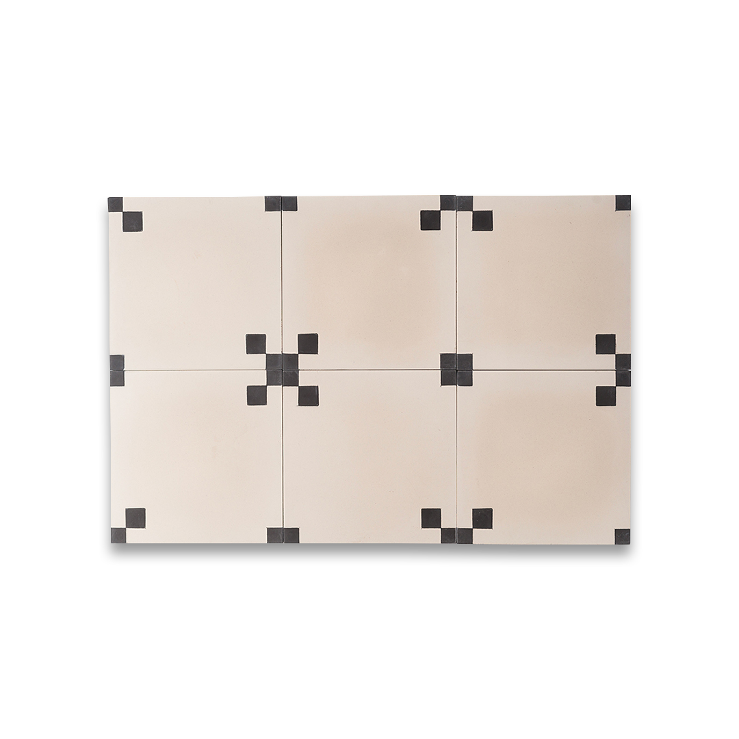 Noir Corner cement tile featuring a soft cream base with matte black corner squares, ideal for minimalist interiors, geometric flooring, and wall applications in modern contemporary spaces.