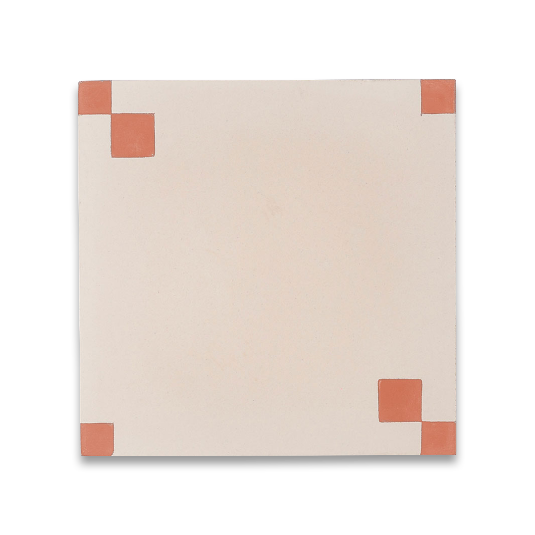 Terracotta Corner cement tile featuring a soft cream base with warm terracotta corner squares, ideal for Mediterranean interiors, patterned flooring, and wall applications in contemporary spaces.