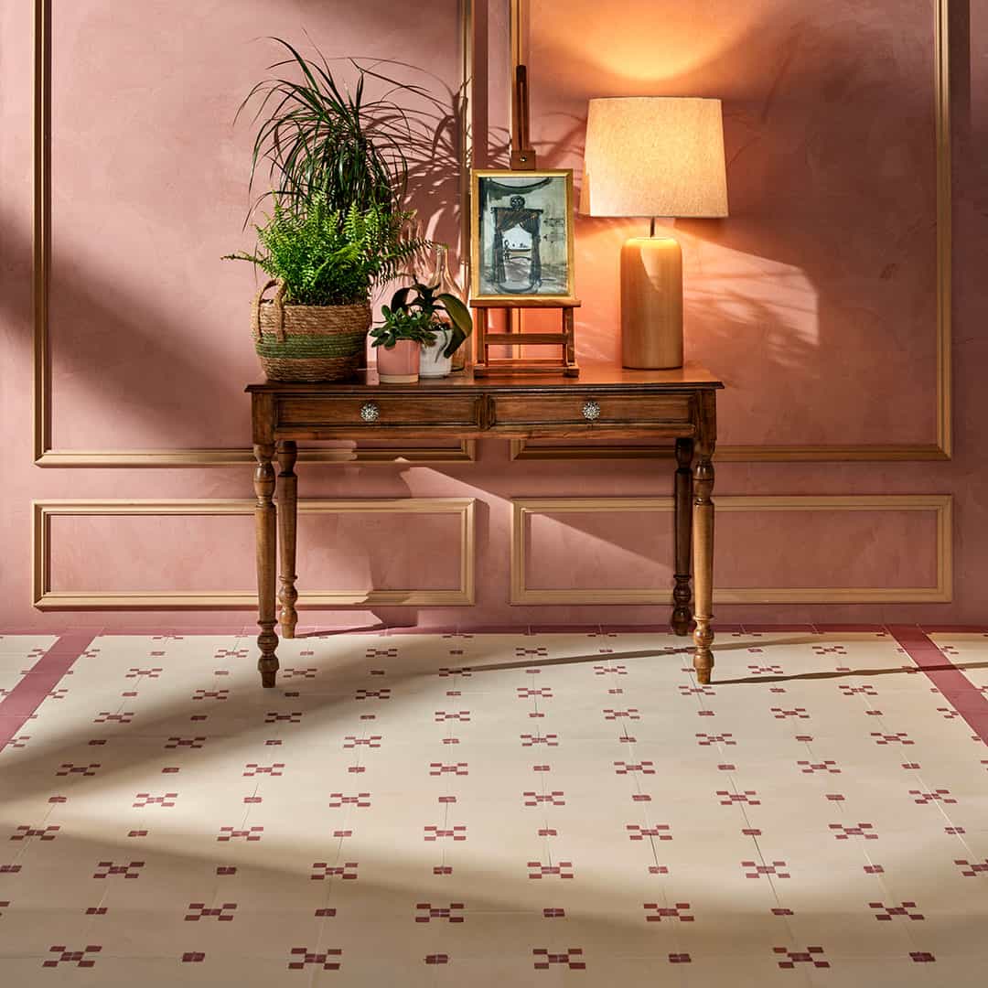 Terracotta Corner cement tile featuring a soft cream base with warm terracotta corner squares, ideal for Mediterranean interiors, patterned flooring, and wall applications in contemporary spaces.