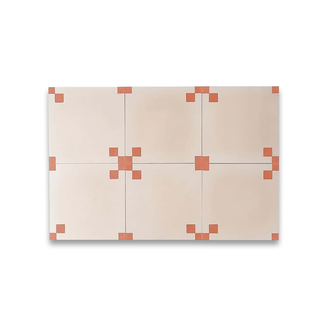 Terracotta Corner cement tile featuring a soft cream base with warm terracotta corner squares, ideal for Mediterranean interiors, patterned flooring, and wall applications in contemporary spaces.