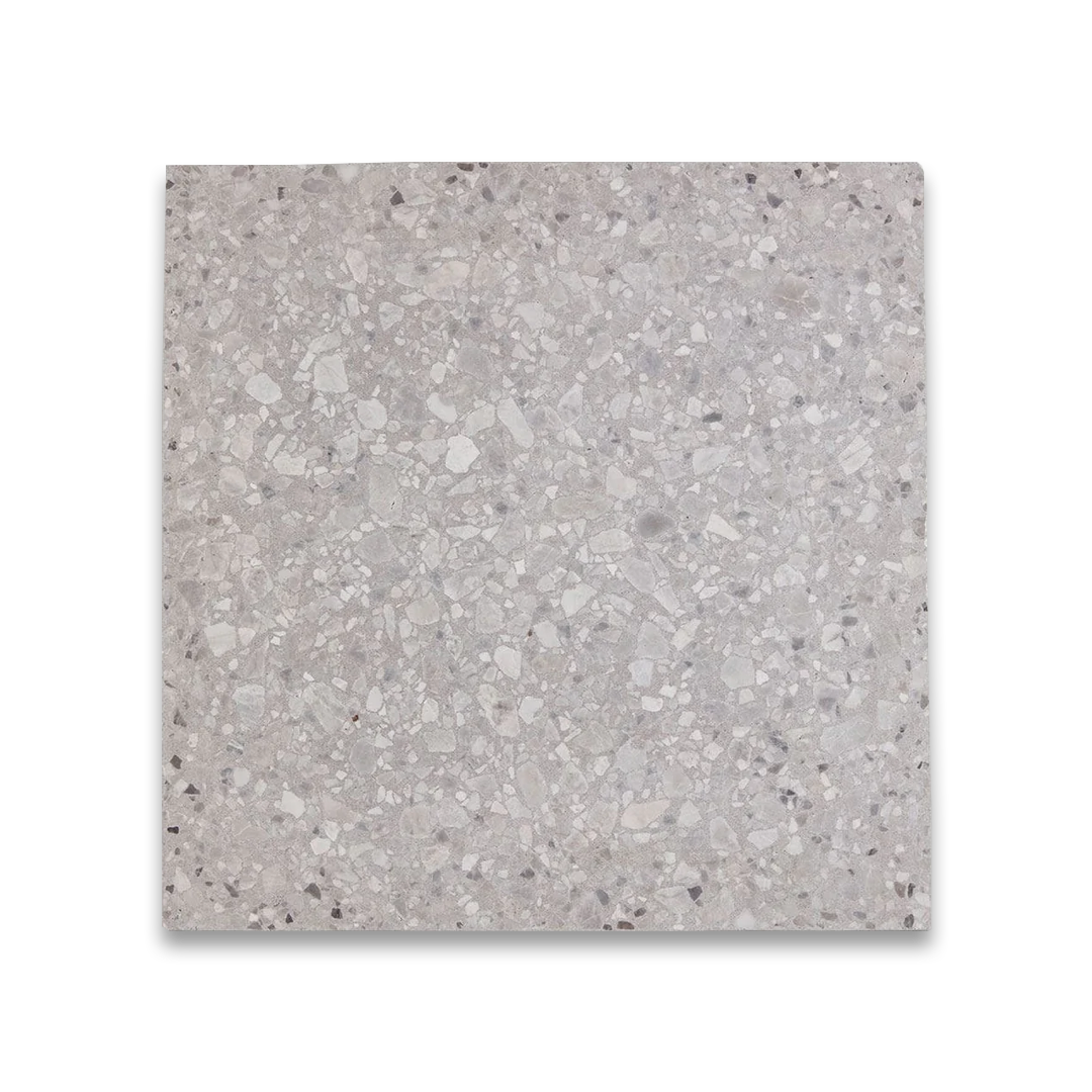 Gray terrazzo tile flooring with multicolor stone chips. 