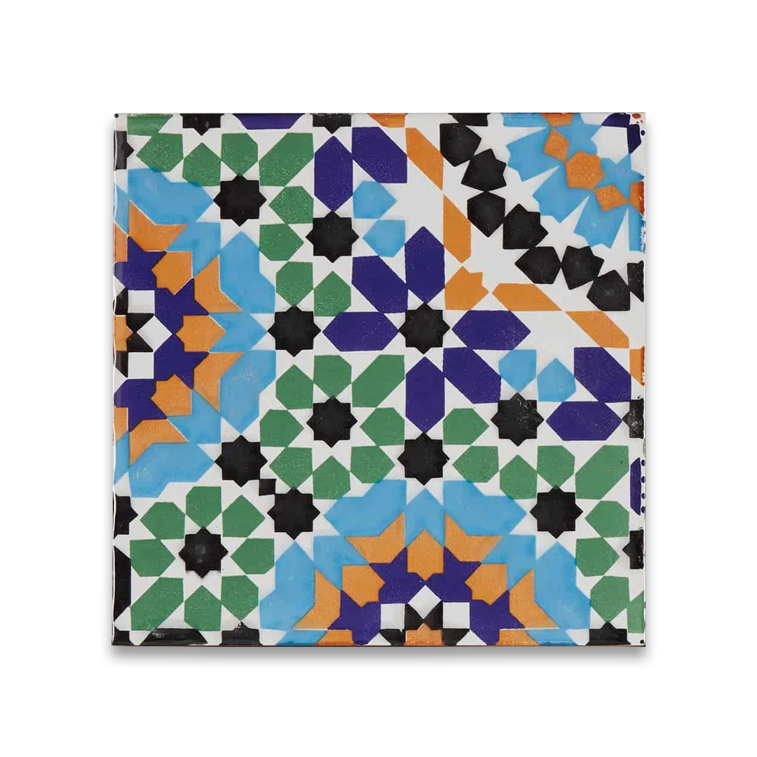 Colorful geometric patterned tile on a white background