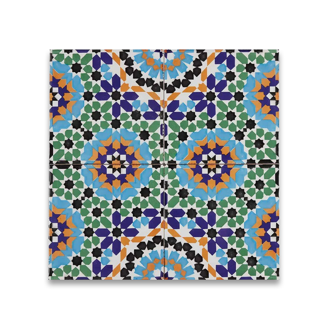 Decorative tile with a colorful geometric pattern on a white background