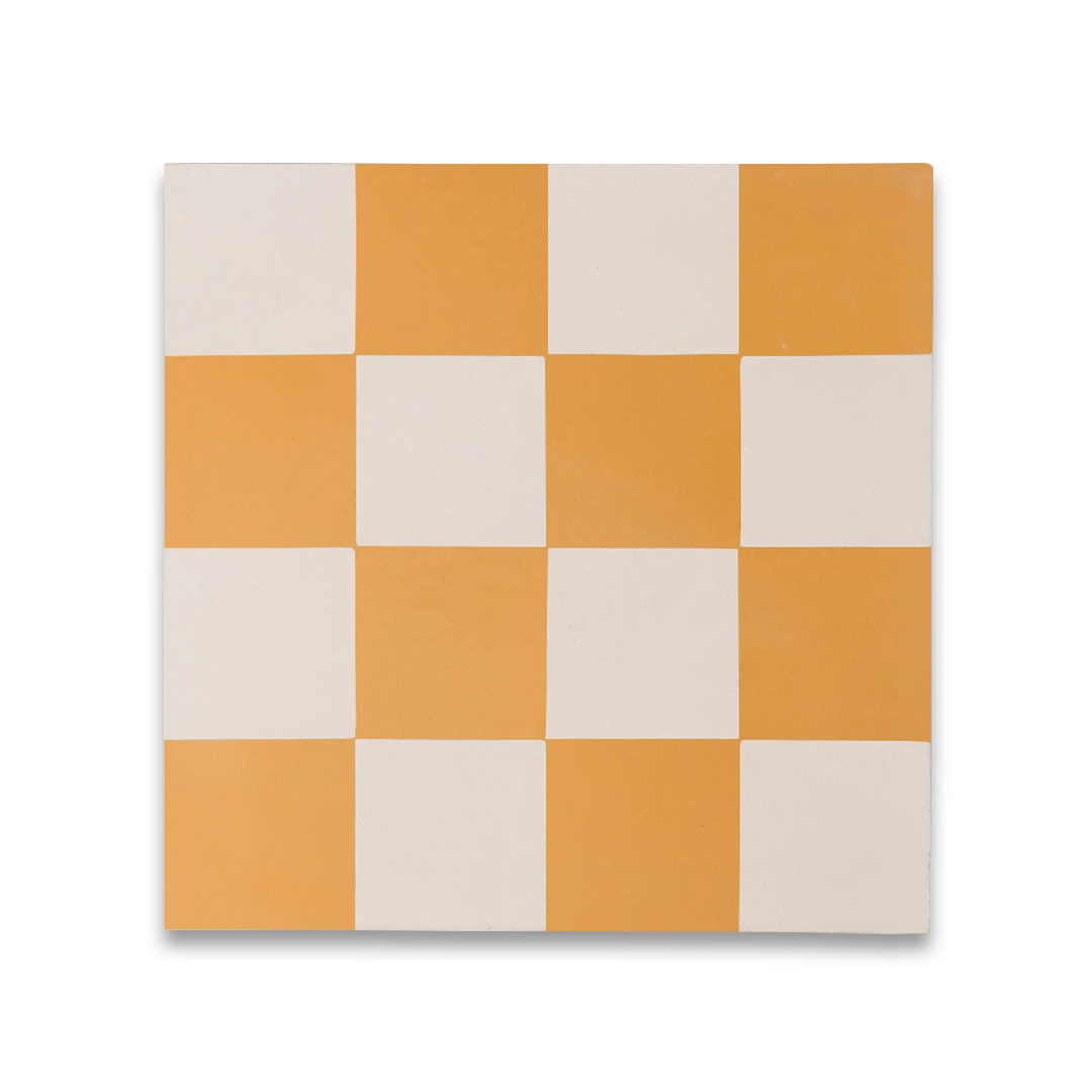 Square cement tile design featuring a mustard yellow and white checkerboard pattern with a matte finish, ideal for retro flooring, kitchen backsplashes, or Mediterranean-inspired interiors.