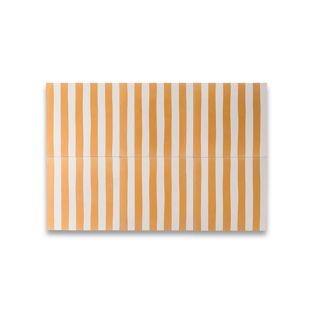 Square cement tile design featuring alternating vertical stripes in mustard yellow and off-white tones with a matte finish, ideal for modern flooring, wall decor, or Mediterranean interiors.