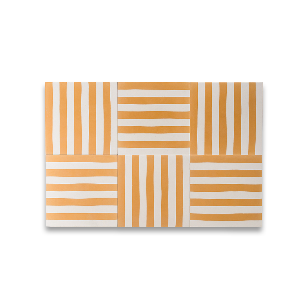 Square cement tile design featuring alternating vertical stripes in mustard yellow and off-white tones with a matte finish, ideal for modern flooring, wall decor, or Mediterranean interiors.