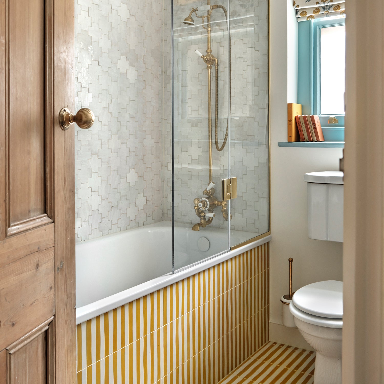 Square cement tile design featuring alternating vertical stripes in mustard yellow and off-white tones with a matte finish, ideal for modern flooring, wall decor, or Mediterranean interiors.