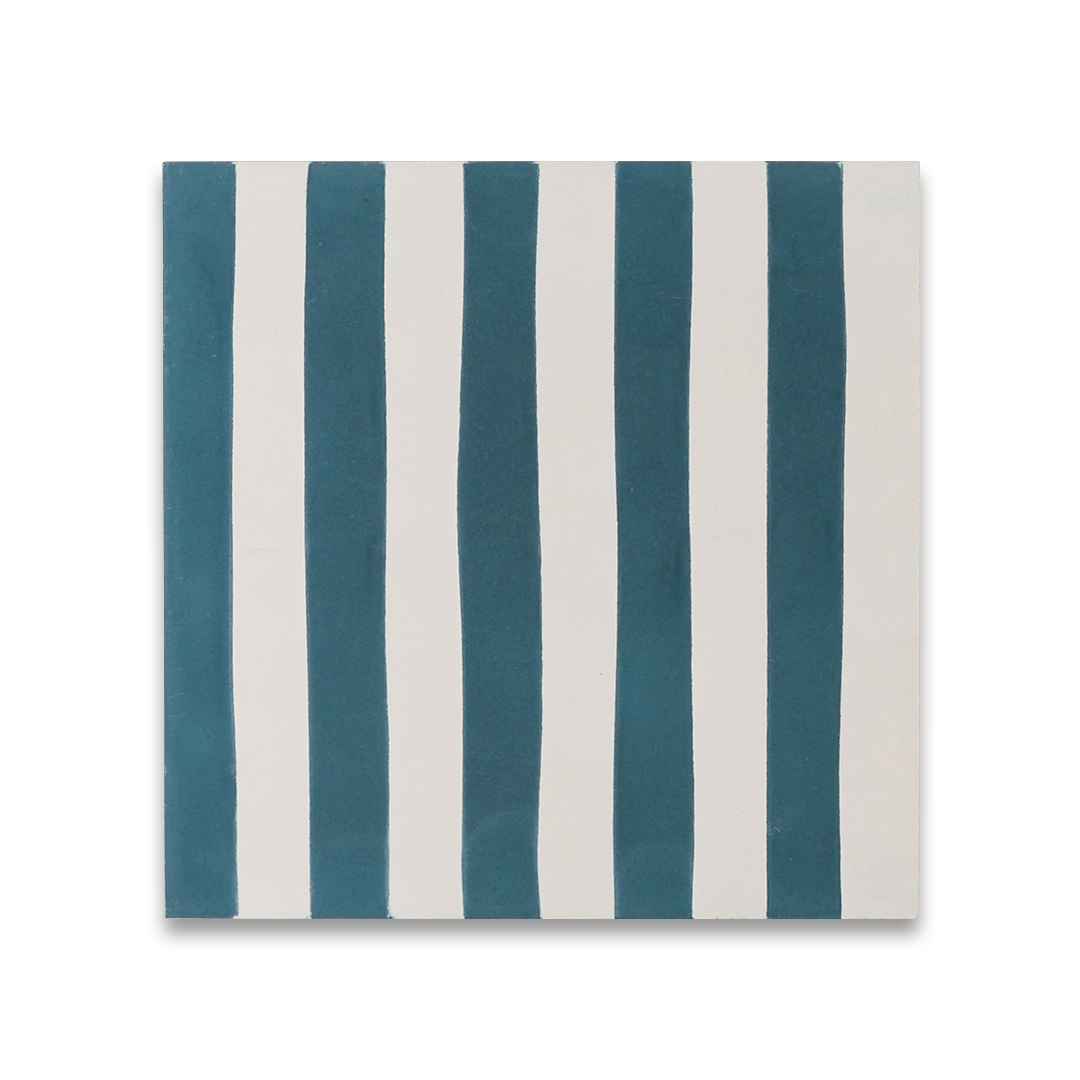 Square blue metro cement tile featuring alternating vertical navy and white stripes with a matte finish, ideal for modern flooring, wall décor, and contemporary interior design applications.
