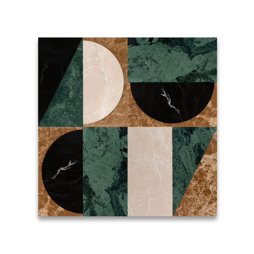 Geometric pattern with marbled shapes in green, brown, and beige.