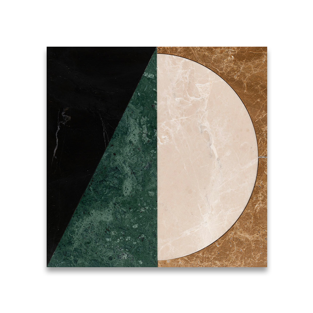 Geometric design with black, green, beige, and brown colors.