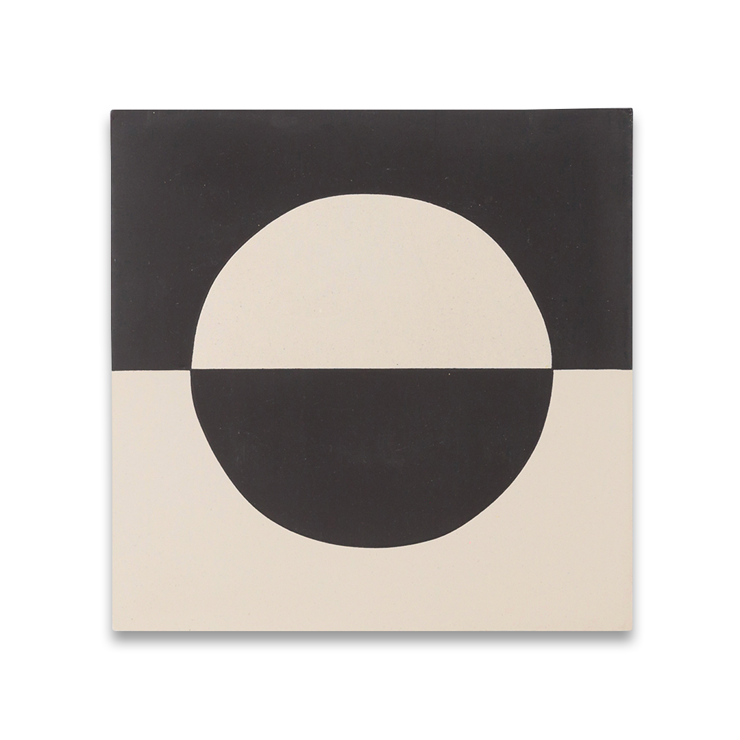 Black and white geometric cement tile featuring a bold circular half-moon pattern, minimalist modern design, matte finish, ideal for contemporary flooring, wall décor, and architectural interior applications.