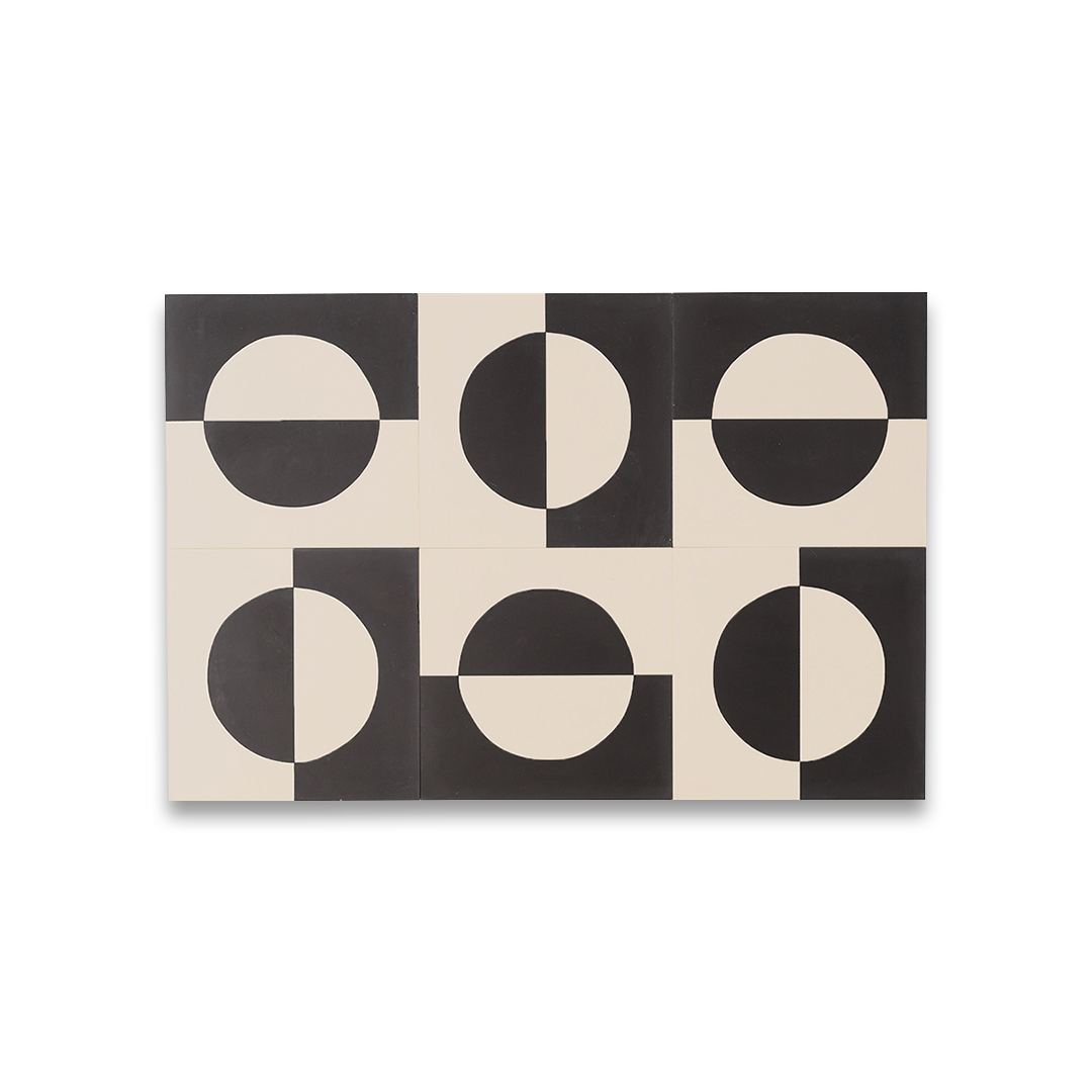 Black and white geometric cement tile featuring a bold circular half-moon pattern, minimalist modern design, matte finish, ideal for contemporary flooring, wall décor, and architectural interior applications.