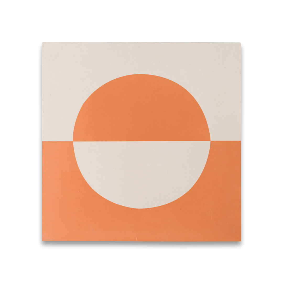 Square cement tile design featuring a bold geometric pattern with a half-circle motif in orange and white tones, ideal for modern flooring, wall decor, or contemporary interiors.