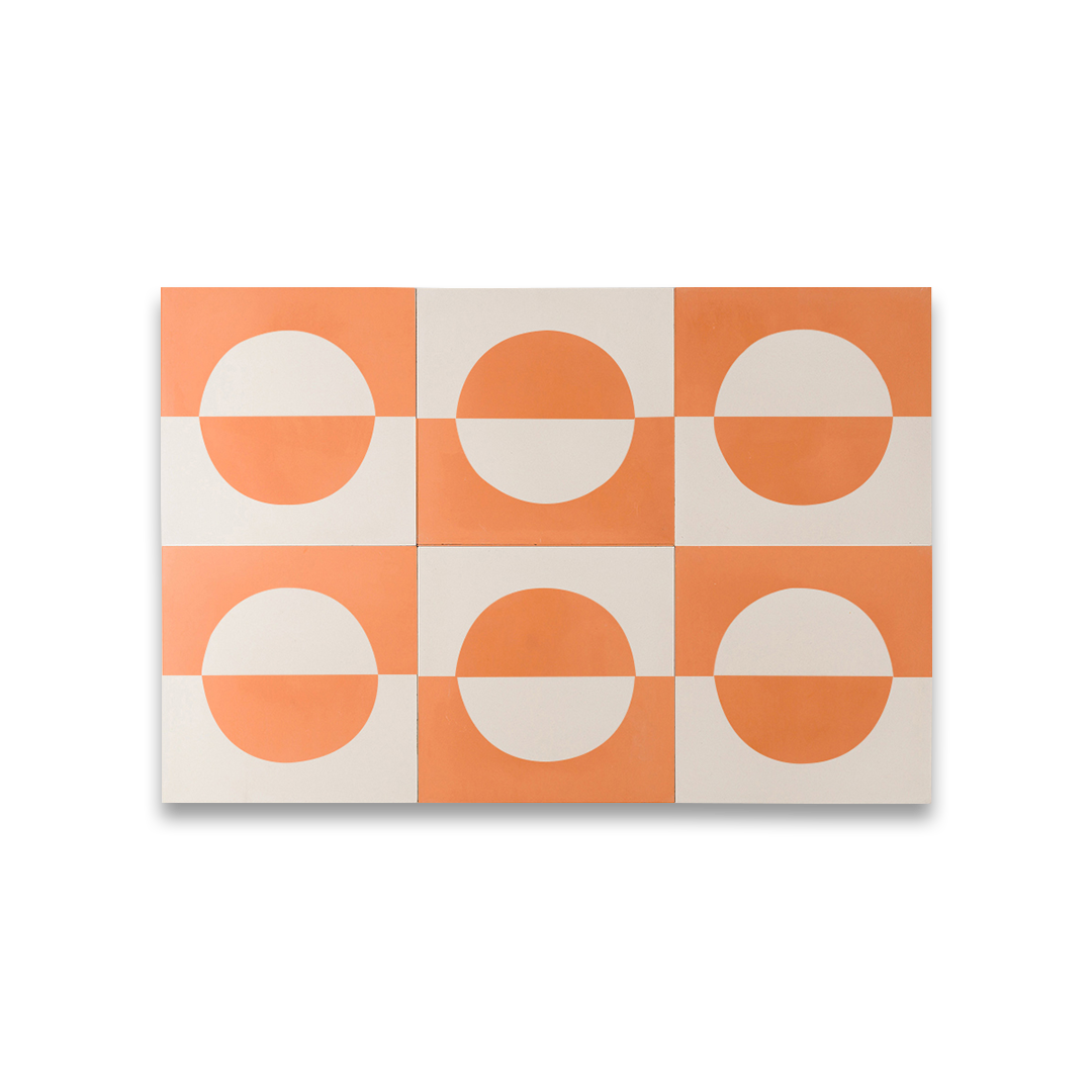 Square cement tile design featuring a bold geometric pattern with a half-circle motif in orange and white tones, ideal for modern flooring, wall decor, or contemporary interiors.