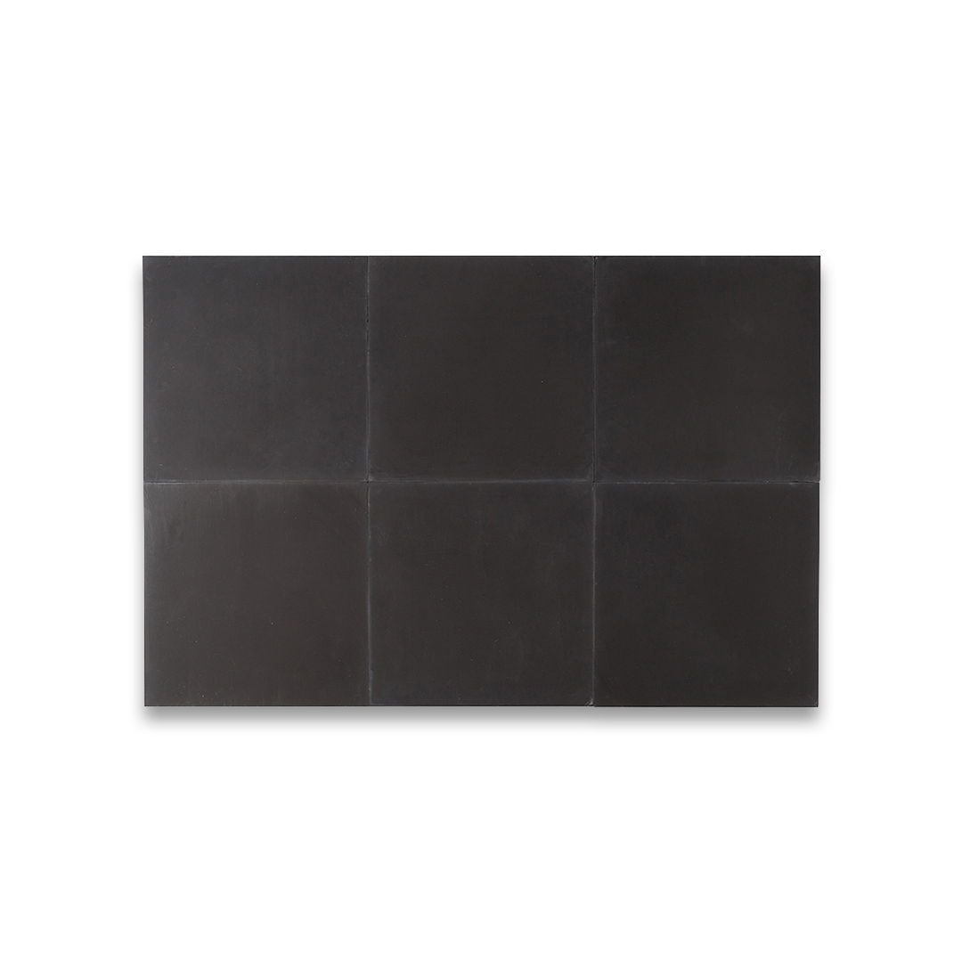 Square ceramic tile in solid black with smooth matte finish, minimalist design ideal for modern flooring.