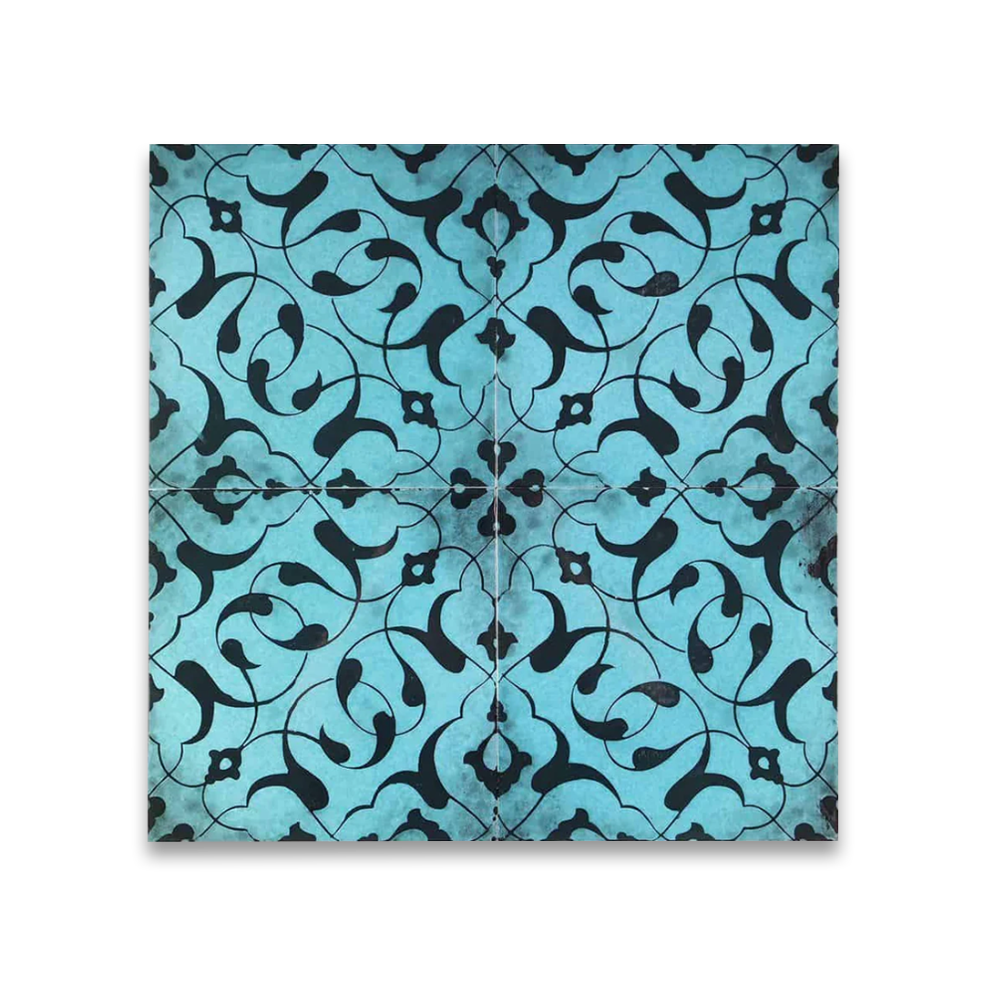 Decorative tile with black pattern on a blue background