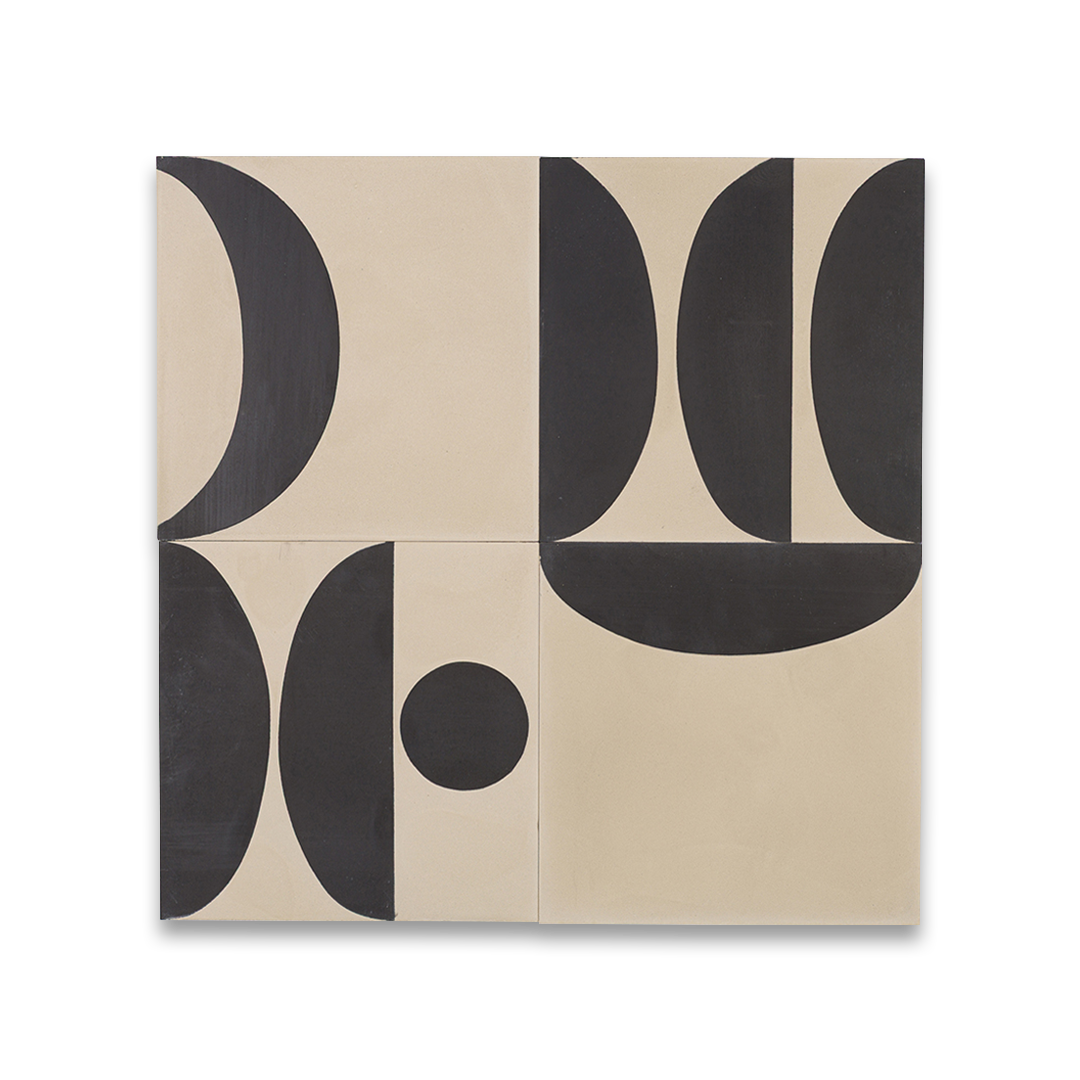 A  bold black geometric shapes on a beige background, forming abstract circular and curved patterns, ideal for modern interiors, artistic flooring, or contemporary wall decor.