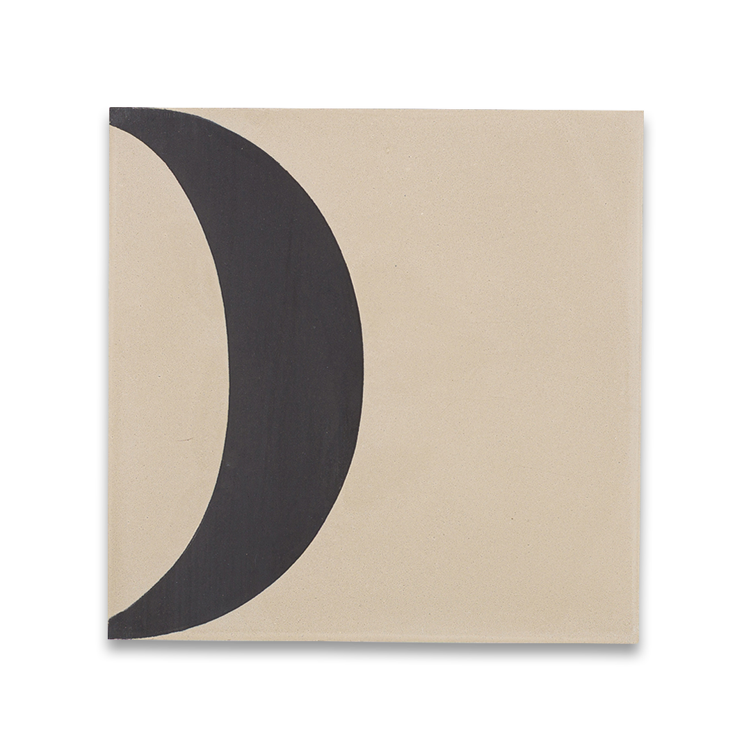 A  bold black geometric shapes on a beige background, forming abstract circular and curved patterns, ideal for modern interiors, artistic flooring, or contemporary wall decor.