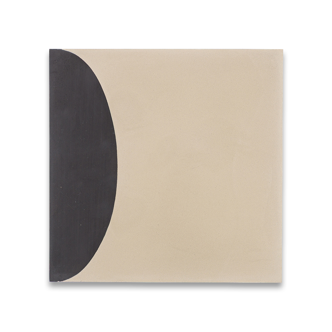 A  bold black geometric shapes on a beige background, forming abstract circular and curved patterns, ideal for modern interiors, artistic flooring, or contemporary wall decor.