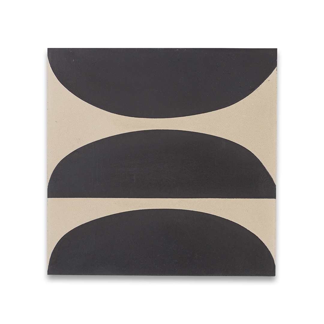 A  bold black geometric shapes on a beige background, forming abstract circular and curved patterns, ideal for modern interiors, artistic flooring, or contemporary wall decor.