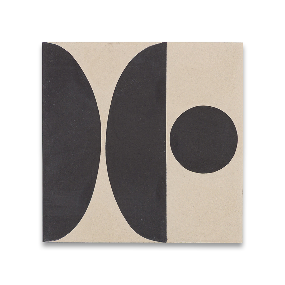 A  bold black geometric shapes on a beige background, forming abstract circular and curved patterns, ideal for modern interiors, artistic flooring, or contemporary wall decor.