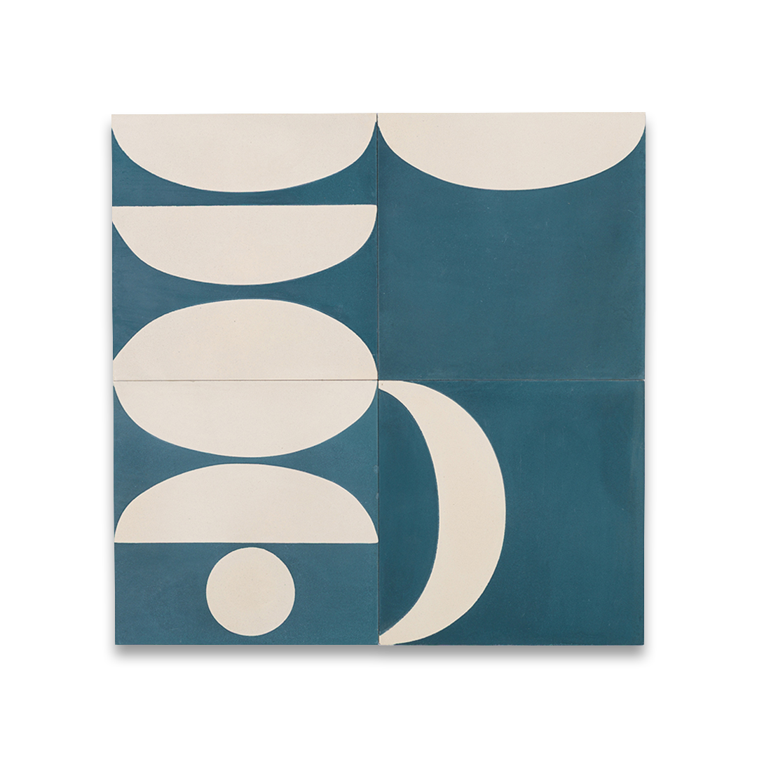 Square blue cement tile featuring abstract geometric white semicircles and circular patterns with a matte finish, ideal for modern flooring, wall cladding, and contemporary interior design applications.