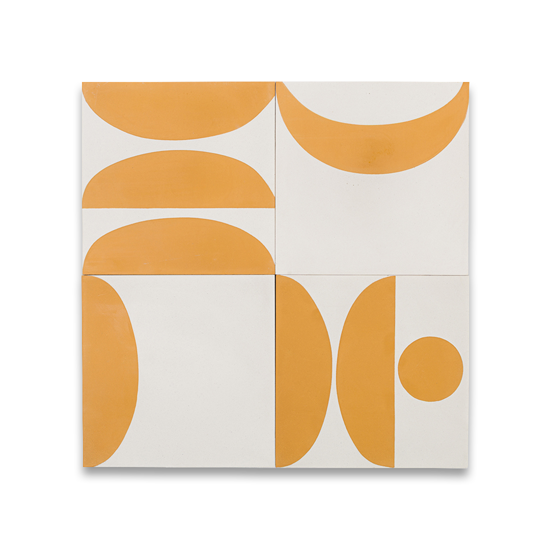 Geometric cement tile design featuring mustard yellow and white abstract shapes with semi-circles and curves, ideal for modern flooring, wall decor, or contemporary Mediterranean interiors.