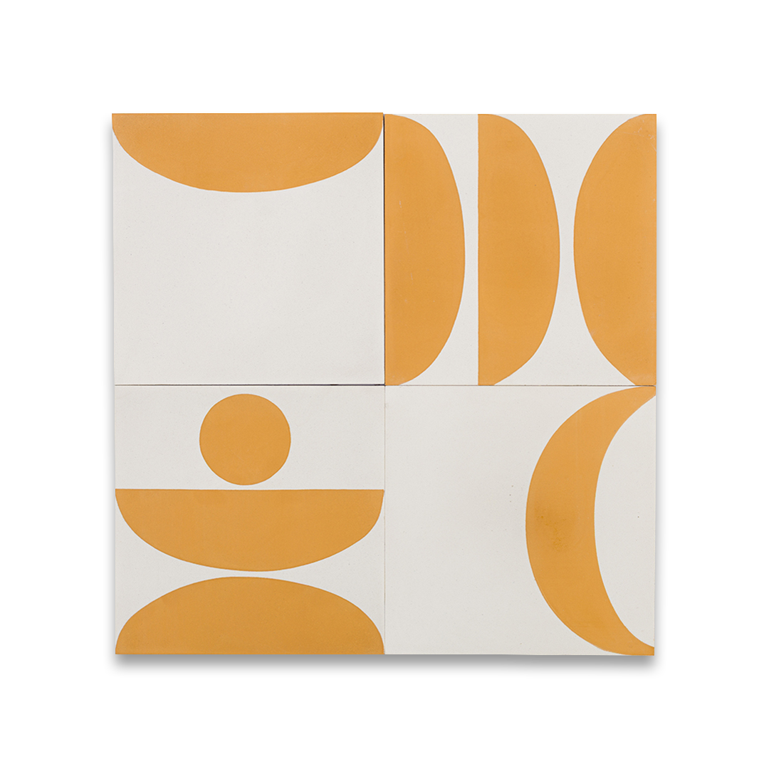 Geometric cement tile design featuring mustard yellow and white abstract shapes with semi-circles and curves, ideal for modern flooring, wall decor, or contemporary Mediterranean interiors.