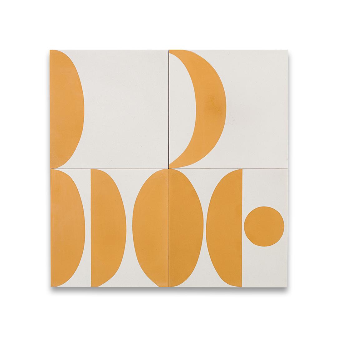 Geometric cement tile design featuring mustard yellow and white abstract shapes with semi-circles and curves, ideal for modern flooring, wall decor, or contemporary Mediterranean interiors.