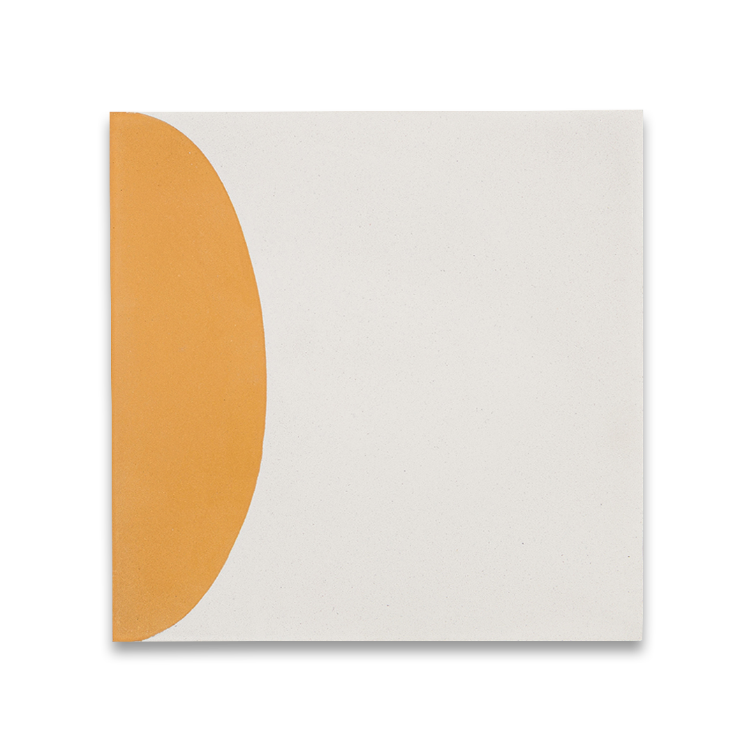 Geometric cement tile design featuring mustard yellow and white abstract shapes with semi-circles and curves, ideal for modern flooring, wall decor, or contemporary Mediterranean interiors.