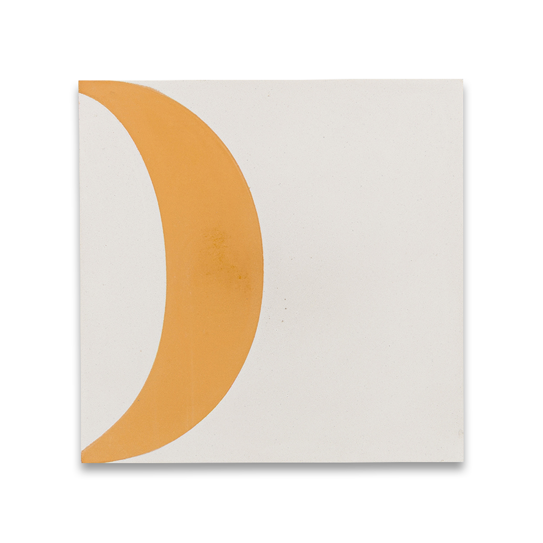 Geometric cement tile design featuring mustard yellow and white abstract shapes with semi-circles and curves, ideal for modern flooring, wall decor, or contemporary Mediterranean interiors.