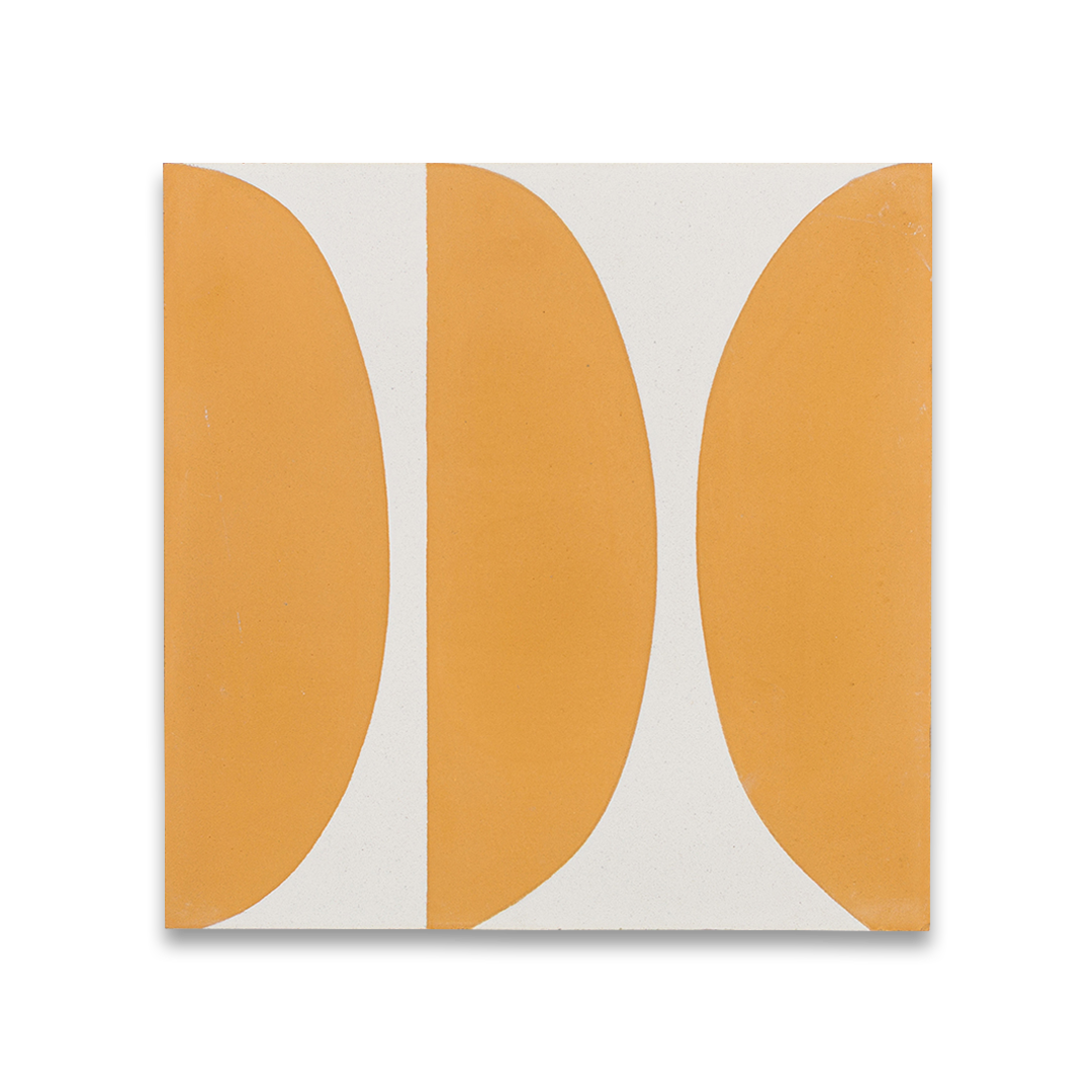 Geometric cement tile design featuring mustard yellow and white abstract shapes with semi-circles and curves, ideal for modern flooring, wall decor, or contemporary Mediterranean interiors.