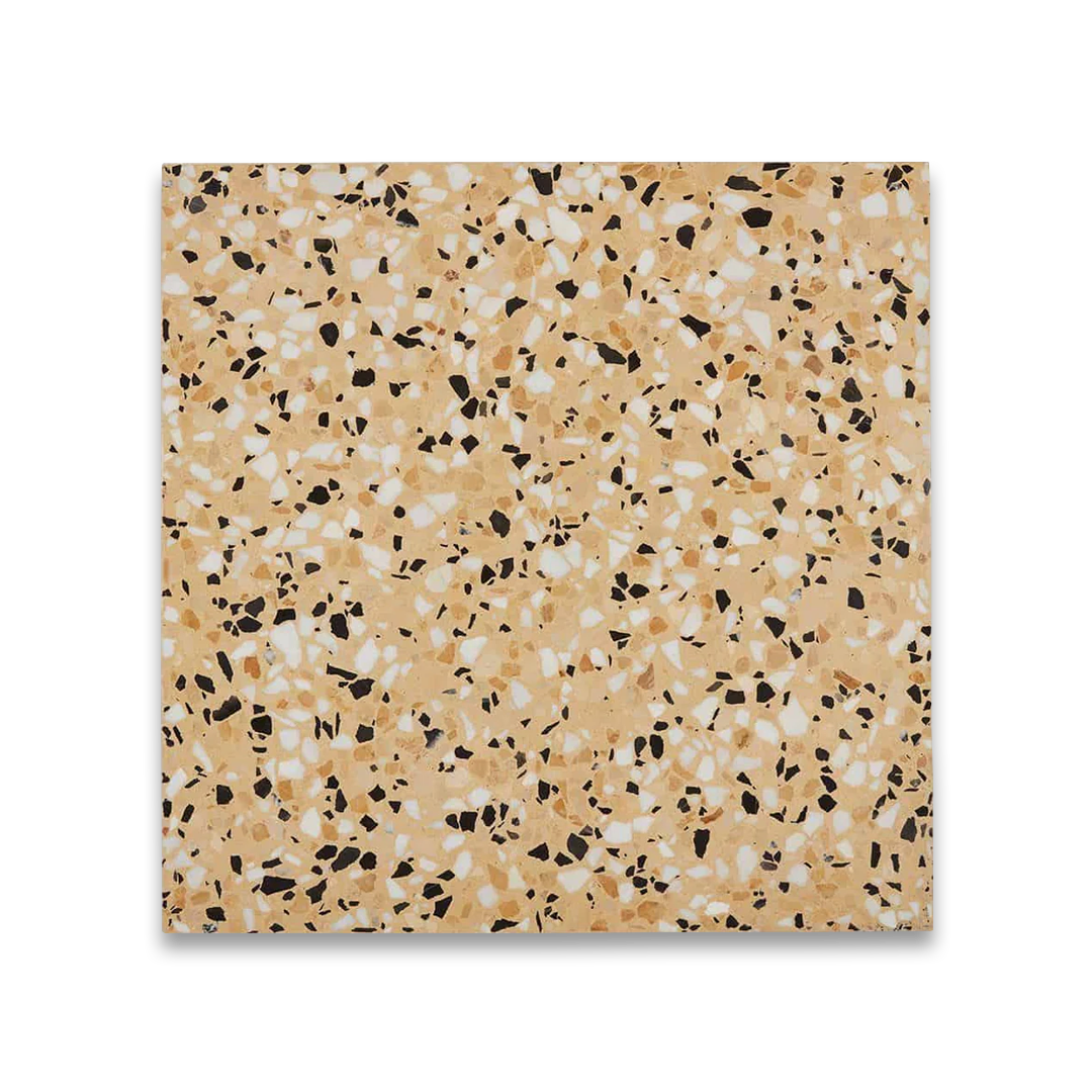 Terrazzo patterned tile with beige, black, and white colors.