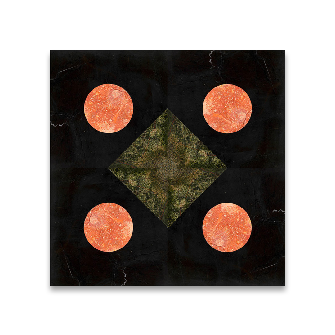 Decorative wall art with a central green diamond and four orange circular elements on a black background