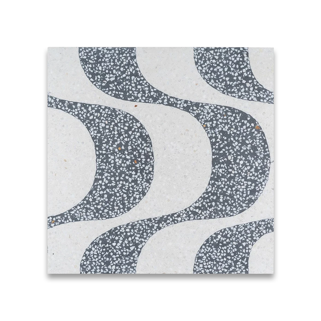 A square cement tile featuring a white background with curved, wave-like gray terrazzo patterns containing white speckles, creating a modern, rhythmic, and textured geometric design.