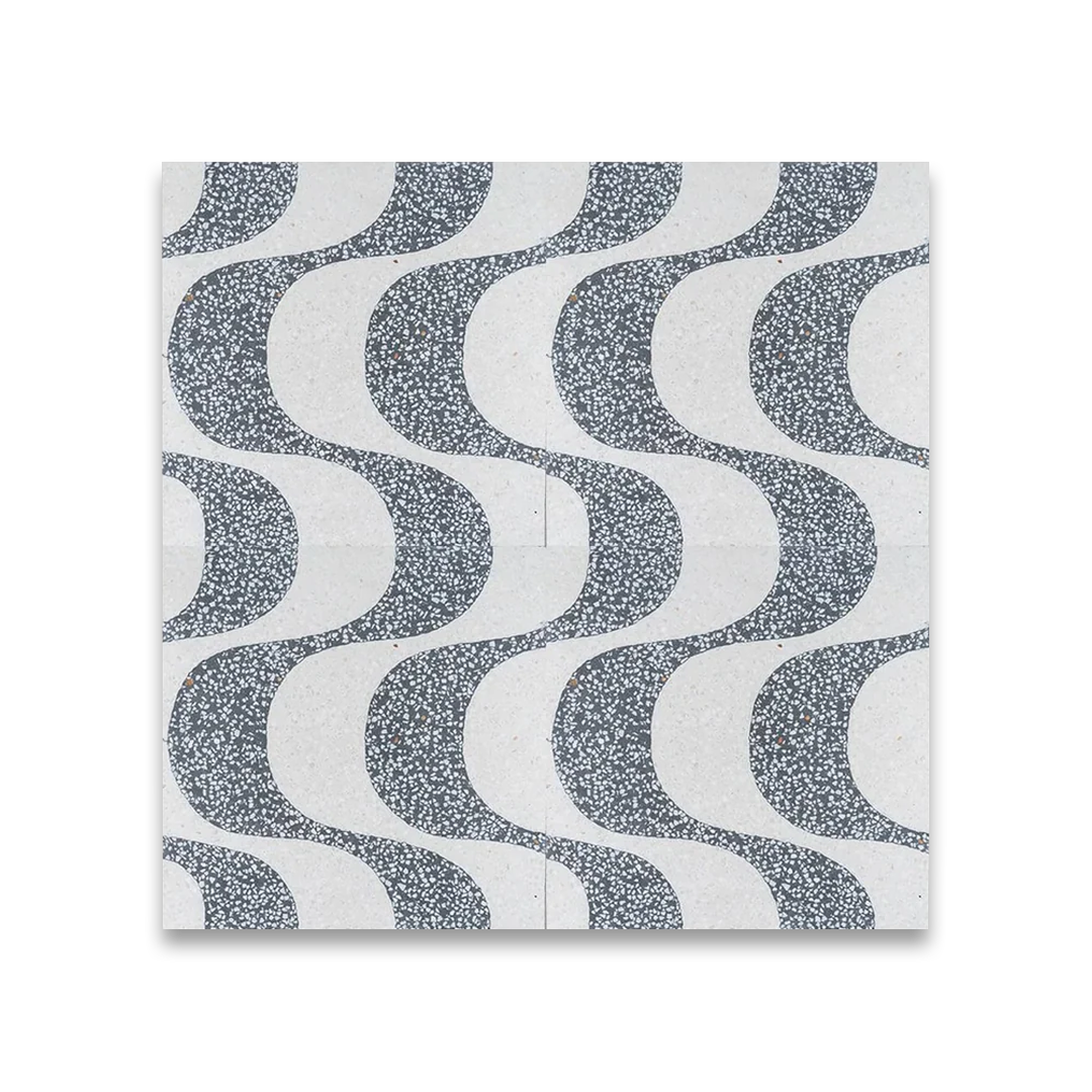 A square cement tile featuring a white background with curved, wave-like gray terrazzo patterns containing white speckles, creating a modern, rhythmic, and textured geometric design.