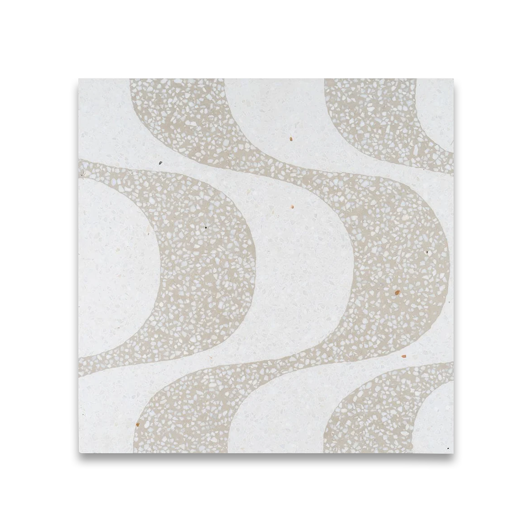 A square cement tile featuring a white background with curved beige wave-like patterns filled with small white speckles, creating a soft, organic, and modern decorative design.