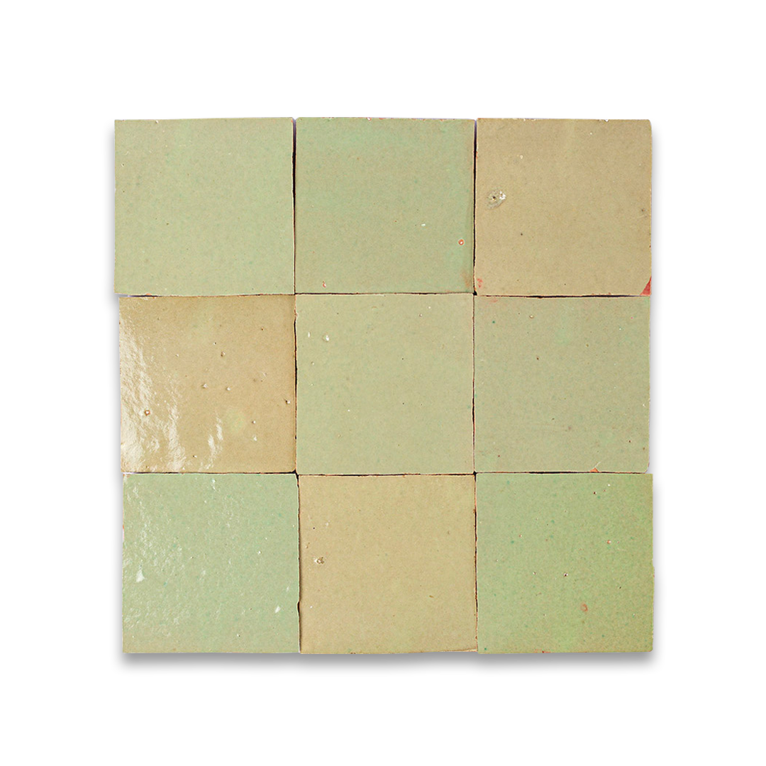 Nine square tiles in green and beige on a white background