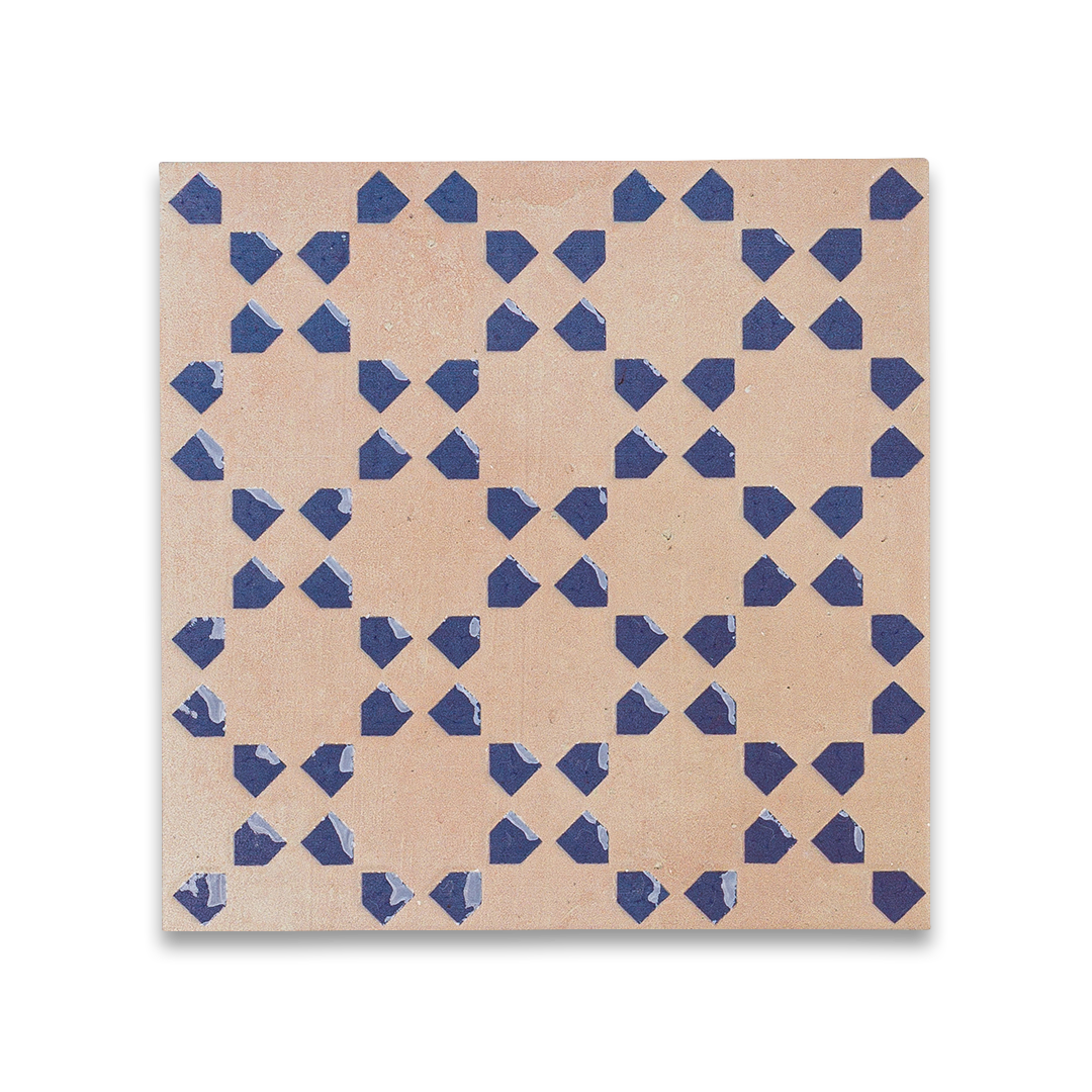 Square tile with blue geometric pattern on beige background