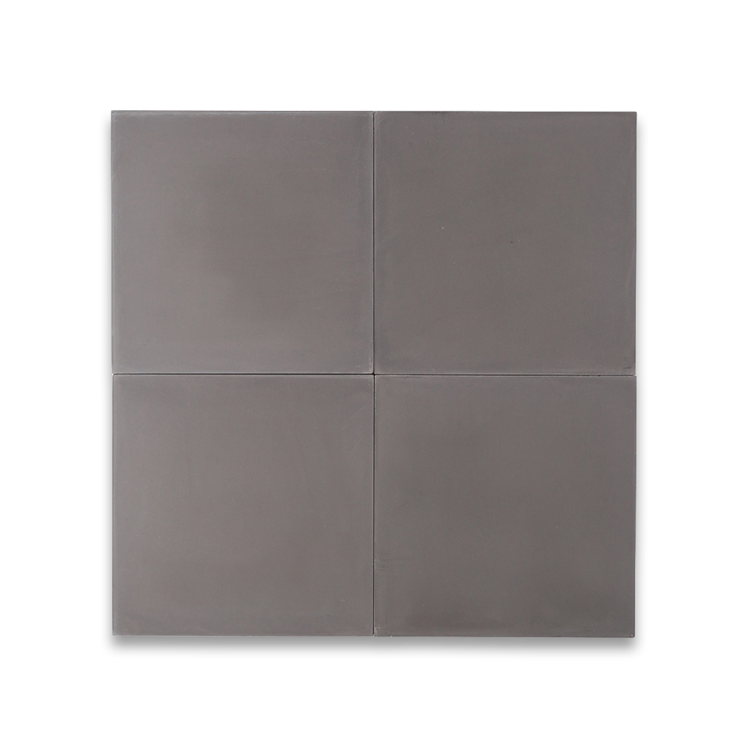 Square ceramic tile in uniform gray with smooth matte finish, minimalist design highlighted against black background.