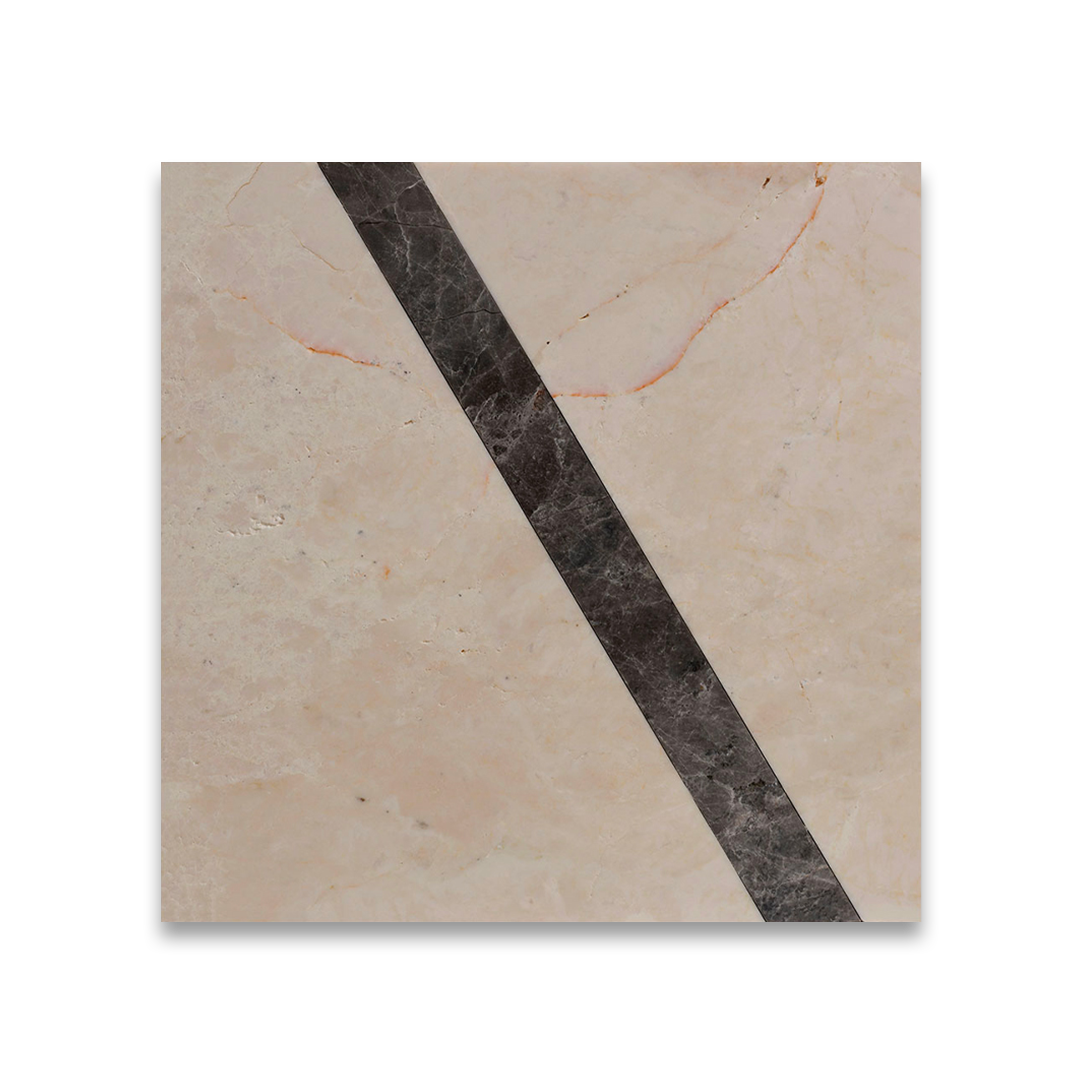 Beige marble tile with a dark brown diagonal stripe on a white background