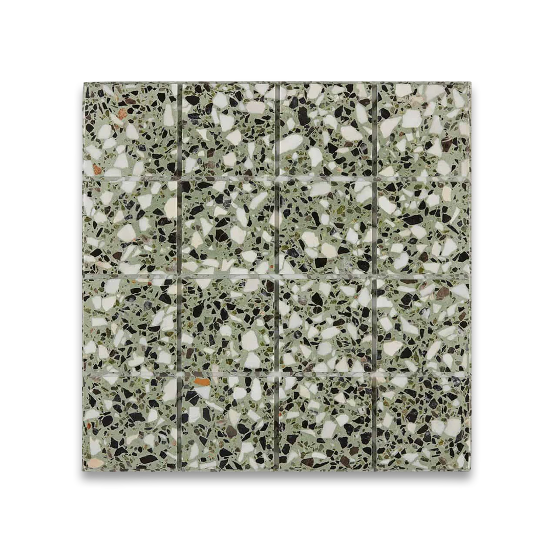 Terrazzo tiles with a speckled pattern.